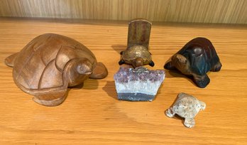 Treasure Hunt 5PC Carved Wood And Stone Decorative Turtles - Amethyst, Japanese