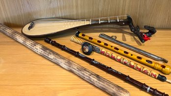 6 Piece Lot Of Unique Musical Instruments- Chinese Lute, Rainstick, Flutes And Whistles