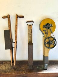 Three Farm Tools Including Hand Crank Crop Duster