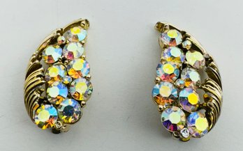 VINTAGE LISNER GOLD TONE AURORA BOREALIS CLIP-ON EARRINGS