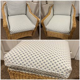 Custom Made Upholstered Pair Of Wicker Chairs With Ottoman - Cotton Blend Fabric - Great Porch Set