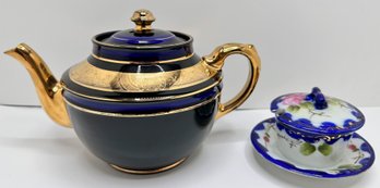 Vintage Cobalt Porcelain Teapot WithGold Accents From England & Small Covered Condiment Dish