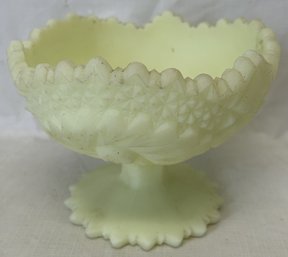 Vintage FENTON CUSTARD YELLOW HOBSTAR FROSTED COMPOTE- Unanium Glass- Glows Under A Black Light!