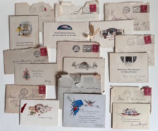 Vintage Deco 1924 & 1925 Christmas Greeting Cards In Original Postmarked Envelopes, Set Of 9