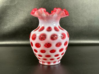 A Collectible Vintage Vase By Fenton Glass, Cranberry Coin Dot (Opalescent) Pattern