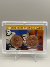 Beautiful 2009-D William Henry Harrison & 2008-D Martin Van Buren Presidential Dollars In Plastic Case