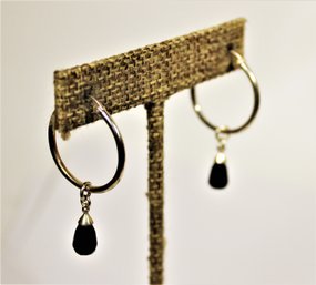 Fine Contemporary Sterling Silver Hoop Earrings Pierced W Black Onyx Stones