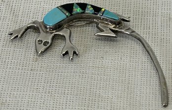 Fine Vintage ARNOLD MALONEY ZUNI INDIAN Sterling Silver LIZARD BROOCH- Onyx And Opal Inlay