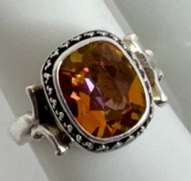 DESIGNER LORI BONN STERLING SILVER FACETED ORANGE TOPAZ RING