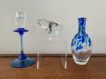 Art Glass Including Hadeland Polar Bear, Renate Stock Vase & Collage Candlestick By Kjell Engman