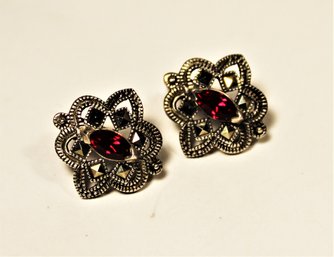Pair Sterling Silver Marcasite And Red Stone Pierced Earrings
