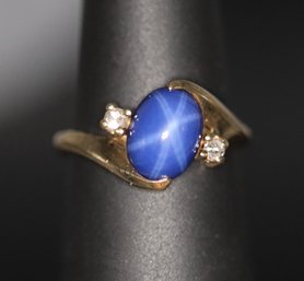 Blue Star Sapphire & Diamond Ring In 10k Yellow Gold