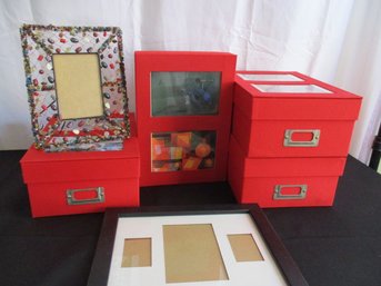 Beaded Picture Frame, Black Picture Frame And Four Red Cloth Covered Photo Boxes