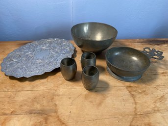 Pewter Collection Bowls And 3 Mini Cups Ornate Metal Trivet - Gentry Pewter