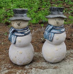 A Pair Of Ceramic Snowmen Outdoor Yard Art Statues