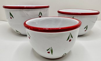 Vintage Set Of Three  Handmade Nesting Ceramic Bowls With Cherries, Italy
