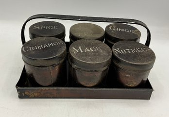 Primitive Style Early 19th Century Tin Spice Rack And 6 Canisters