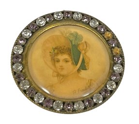 Antique Miniature Painting Of Woman In Bonnet In Paste Frame (as/is)