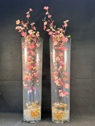 Pair Of 27.5' Tall Poland Glass Flower Vases Including Floral Pieces And Rocks/pebbles