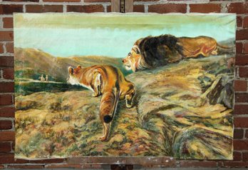 Vintage Oil On Canvas Painting Of Two Lions Stalking People