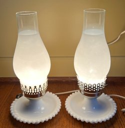 Pair Of Hobnail Milkglass Base Lamps
