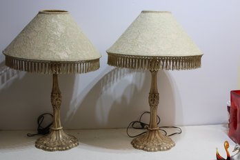 Vintage Pair Of White Painted Metal Lamps With Decorative Shades