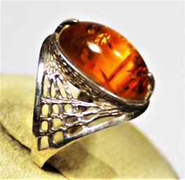 Sterling Silver And Genuine Amber Ladies Ring Size 7.5