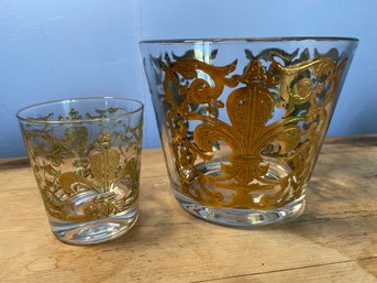 Gilt Fleur De Lis Glass Vase 6x5' And Cup No Chips