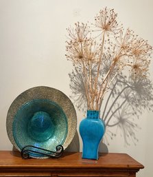 Hand Blown Aqua Dish, Gold Iridescent Bowl And Aqua Glazed Vase With Dried Alliums