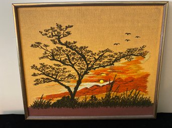 Vintage Crewel Embroidery Sunset With Tree And Birds