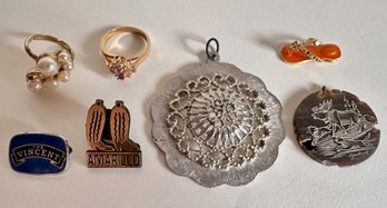 3 Pendants, 2 Rings & 2 Small Pins