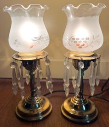 Pair Of Frosted Shade Hurricane Lamps With Glass Prisms