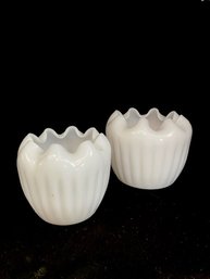 Pair Of Vintage Dimpled Ruffle Milk Glass Rose Bowls