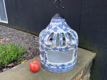 Hand Painted Ceramic Bird House In Blue & White