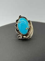 Signed Navajo Blue Turquoise Ring Set In Sterling Silver