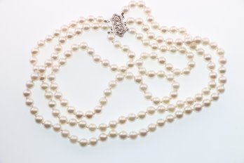 14k White Gold Clasp Pearl Triple Strand Choker Necklace