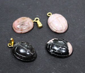 Lot Four Fine Carved Hard Stone Scarab Pendants And Unset Stone Vintage