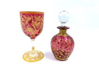 Pairing Of Stunning Hand Decorated 22KT Gold Floral Design On Cranberry Glass