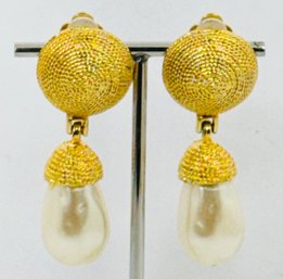 SIGNED ANN TAYLOR GOLD TONE LARGE FAUX PEARL DANGLE EARRINGS - BEAUTIFUL