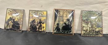 Four Beautiful Vintage Reverse Hand Painted Silhouette Pictures Domed Glass Frames.  Jo Co - A2