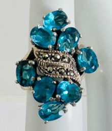 BLUE TOPAZ AND MARCASITE STERLING SILVER CLUSTER RING