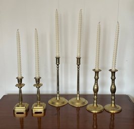 3 Pair Of Old Brass Candlesticks