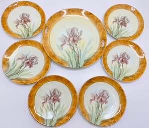 Rare Vintage Prussia Platter & 6 Salad Plates With Iris Design, Gold Trim