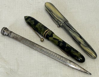 Fine Grouping Of Vintage Marbled Celluloid Fountain Pens And Early Mechanical Pencil