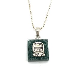 Italian Sterling Silver Beaded Chain With Jade Color Signed Pendant