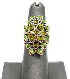 Vintage Sparkly Peridot Color Stones Large Adjustable Ring, Size 6