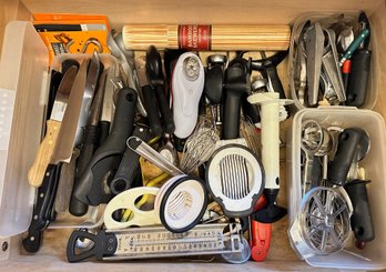 Drawer Full Of Kitchen Tools Including Knives & Gadgets Of All Sorts