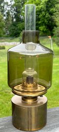 MCM Hans Agne Jakobsson A/B Markaryd Sweden Brass And Green Glass Oil Lamp 16' H With Chimney