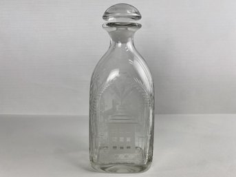 European Hand Etched Glass Decanter, Deer & House Motif