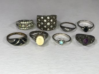 (1 Of 3) Lot Of Eight (8) Vintage Sterling Silver / 925  - Most With Gemstones - Estate Fresh ! - GREAT LOT !